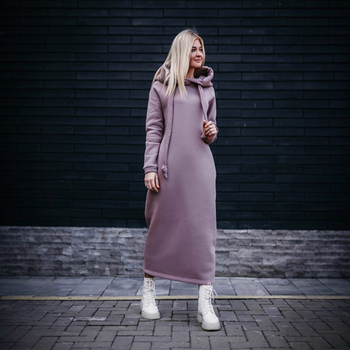 rochie tricotată lungă cu glugă și căptușeală de fleece, panouri cusute, mâneci Raglan, material poliester