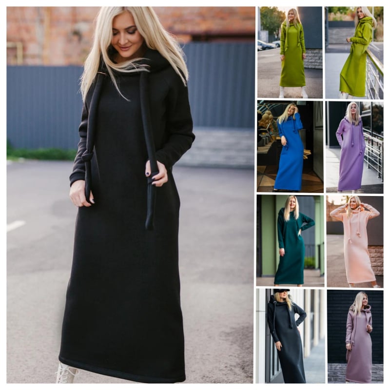 rochie tricotată lungă cu glugă și căptușeală de fleece, panouri cusute, mâneci Raglan, material poliester