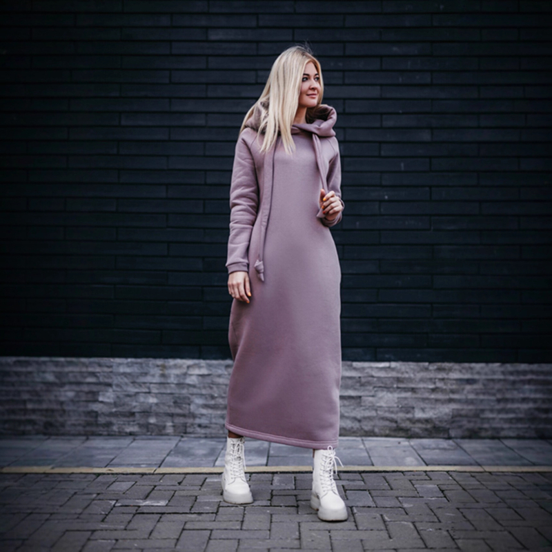 rochie tricotată lungă cu glugă și căptușeală de fleece, panouri cusute, mâneci Raglan, material poliester