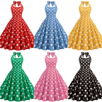 rochie midi din poliester amestecat, imprimeu cu puncte, halter-neck, șnururi, siluetă prințesă, fără mâneci