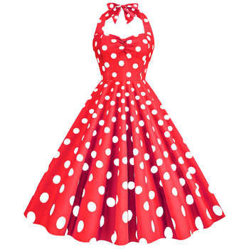 rochie midi din poliester amestecat, imprimeu cu puncte, halter-neck, șnururi, siluetă prințesă, fără mâneci