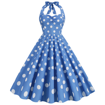 rochie midi din poliester amestecat, imprimeu cu puncte, halter-neck, șnururi, siluetă prințesă, fără mâneci