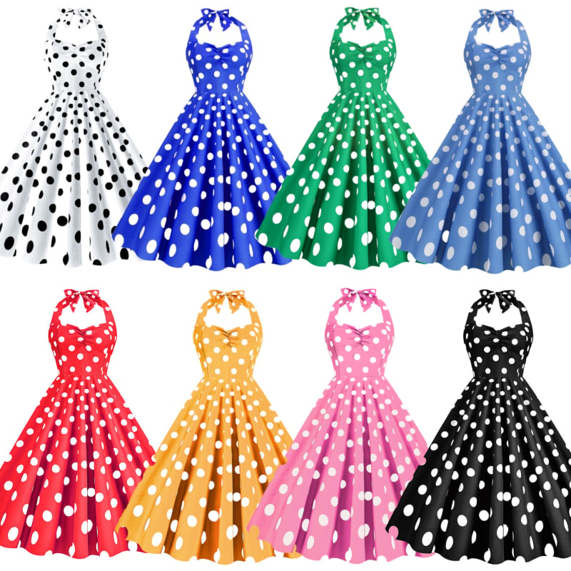 rochie midi din poliester amestecat, imprimeu cu puncte, halter-neck, șnururi, siluetă prințesă, fără mâneci