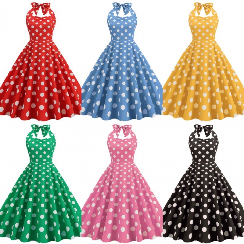 rochie midi din poliester amestecat, imprimeu cu puncte, halter-neck, șnururi, siluetă prințesă, fără mâneci
