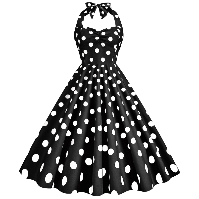 rochie midi din poliester amestecat, imprimeu cu puncte, halter-neck, șnururi, siluetă prințesă, fără mâneci