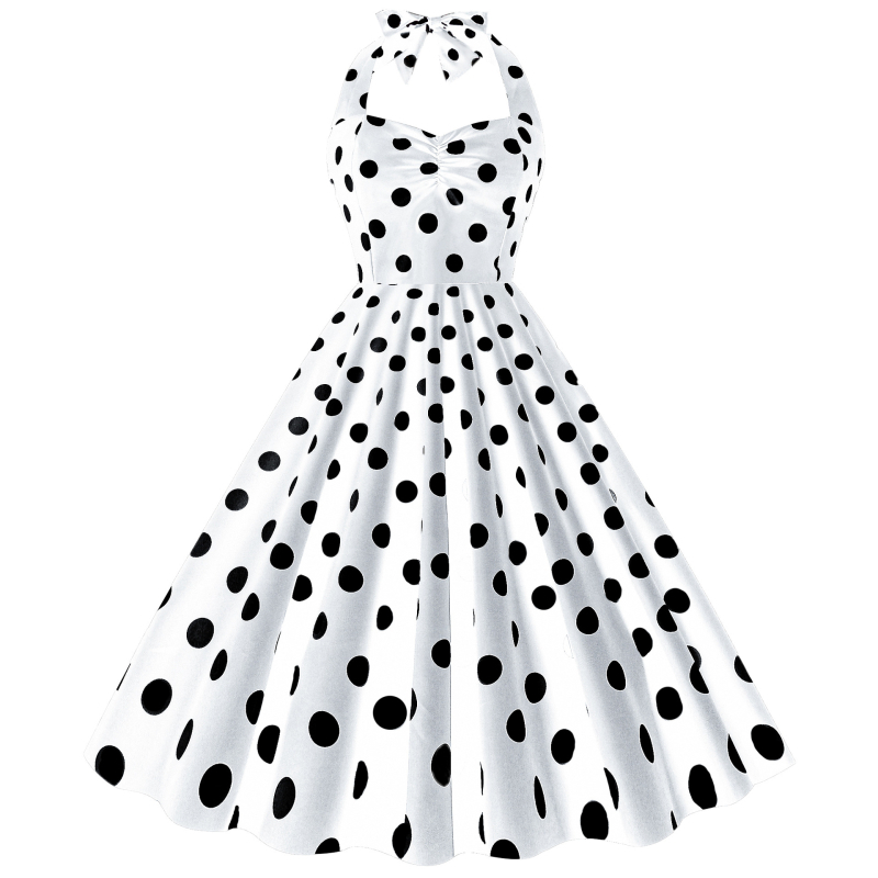 rochie midi din poliester amestecat, imprimeu cu puncte, halter-neck, șnururi, siluetă prințesă, fără mâneci