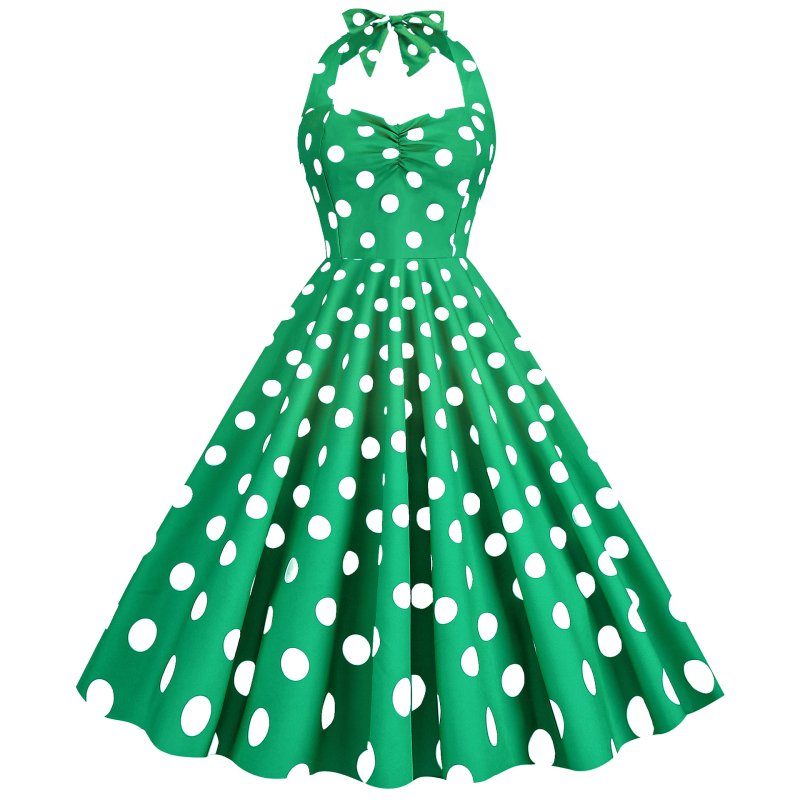 rochie midi din poliester amestecat, imprimeu cu puncte, halter-neck, șnururi, siluetă prințesă, fără mâneci