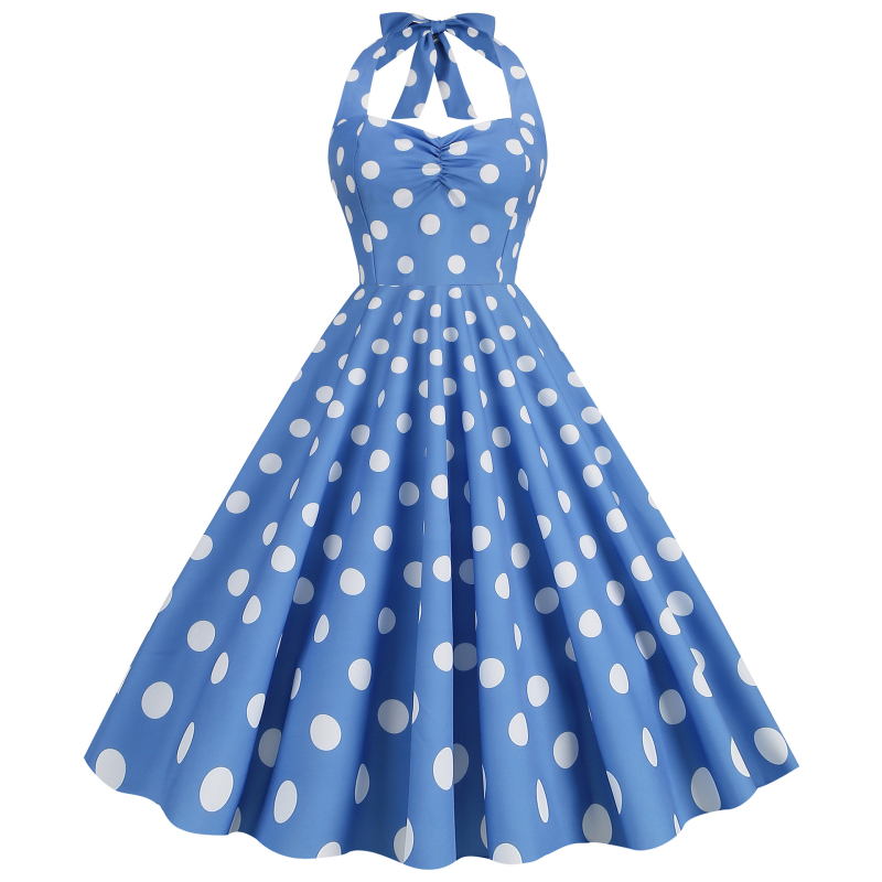 rochie midi din poliester amestecat, imprimeu cu puncte, halter-neck, șnururi, siluetă prințesă, fără mâneci