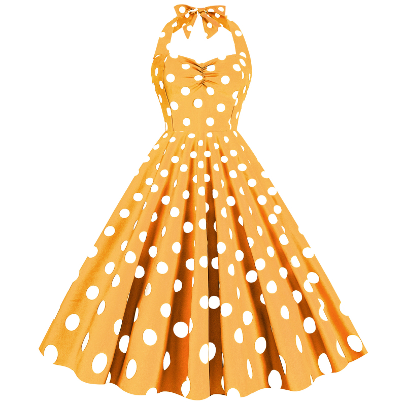 rochie midi din poliester amestecat, imprimeu cu puncte, halter-neck, șnururi, siluetă prințesă, fără mâneci