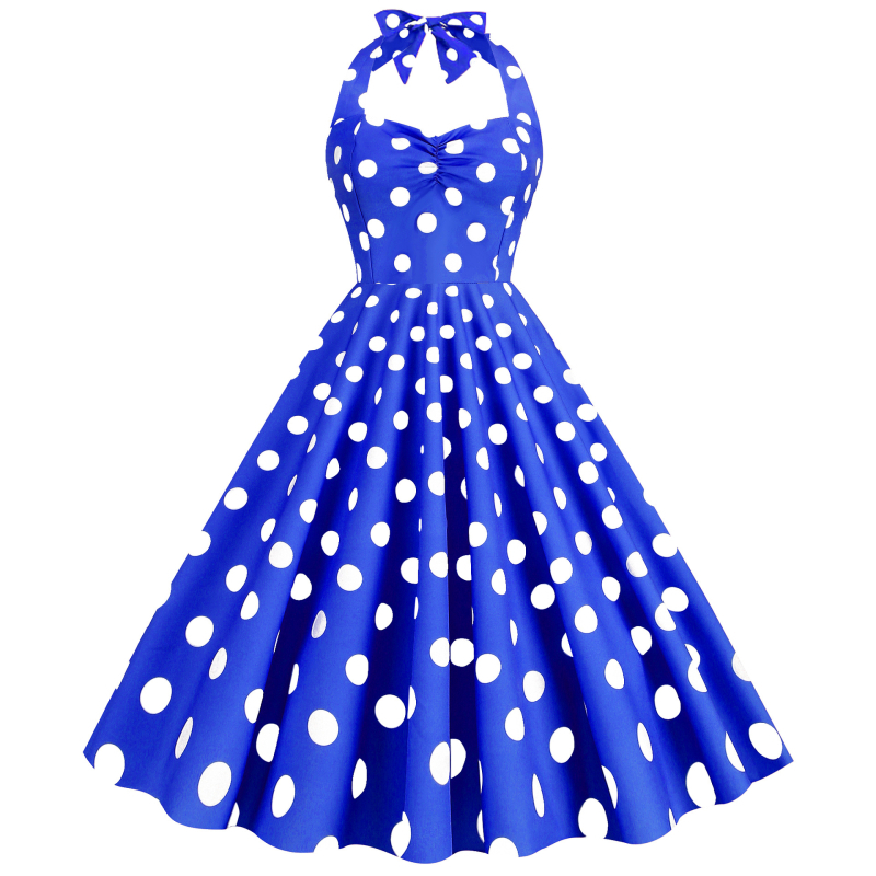 rochie midi din poliester amestecat, imprimeu cu puncte, halter-neck, șnururi, siluetă prințesă, fără mâneci