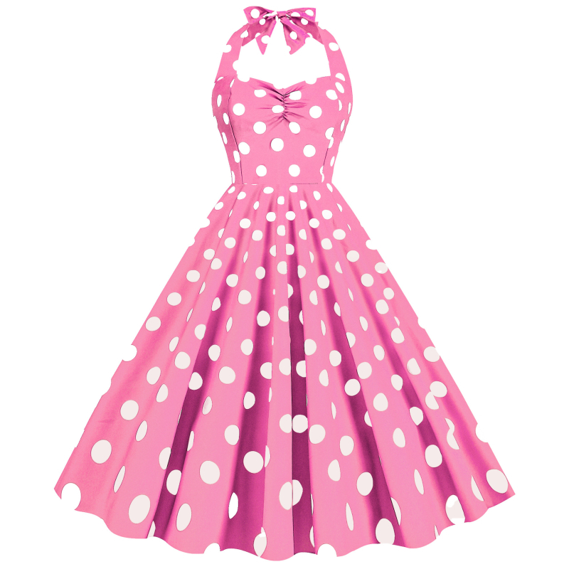 rochie midi din poliester amestecat, imprimeu cu puncte, halter-neck, șnururi, siluetă prințesă, fără mâneci