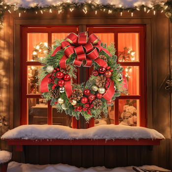 Vianočný veniec z umelých kvetov – ručne vyrobený plastový materiál; na ozdobu dverí a okien (Materiál: Plast; Spracovanie: Ručné; Vianoce; Pre dvere/okná)