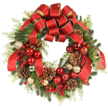 Vianočný veniec z umelých kvetov – ručne vyrobený plastový materiál; na ozdobu dverí a okien (Materiál: Plast; Spracovanie: Ručné; Vianoce; Pre dvere/okná)