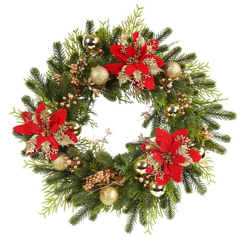 Vianočný veniec z umelých kvetov – ručne vyrobený plastový materiál; na ozdobu dverí a okien (Materiál: Plast; Spracovanie: Ručné; Vianoce; Pre dvere/okná)
