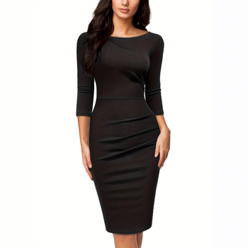 Rochie de damă cu decolteu în V, mâneci lungi, talie înaltă, lungime midi, poliester