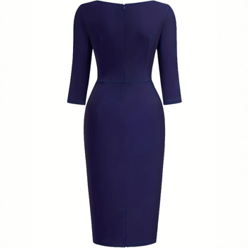 Rochie de damă cu decolteu în V, mâneci lungi, talie înaltă, lungime midi, poliester