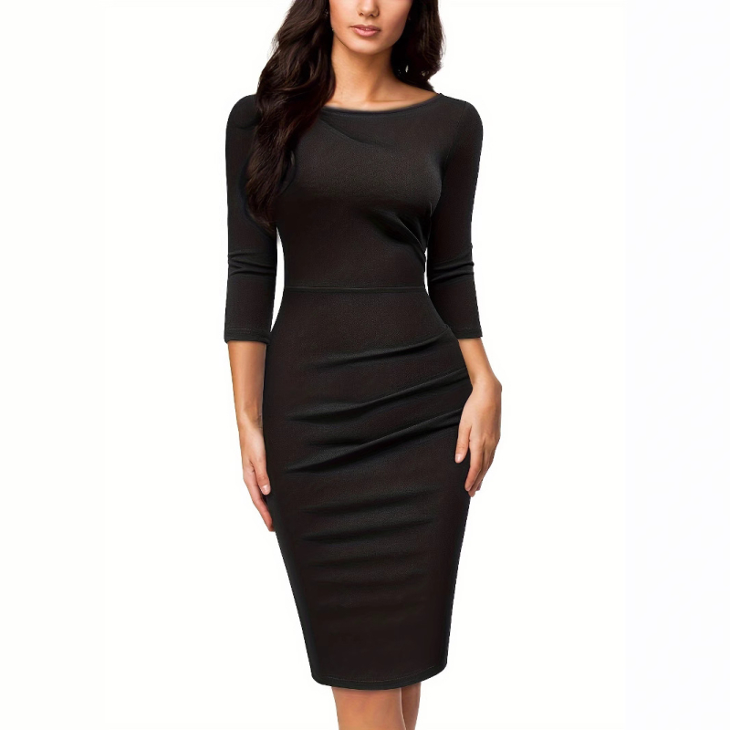 Rochie de damă cu decolteu în V, mâneci lungi, talie înaltă, lungime midi, poliester