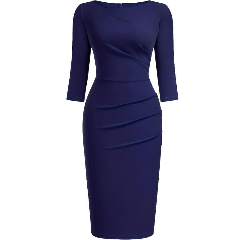 Rochie de damă cu decolteu în V, mâneci lungi, talie înaltă, lungime midi, poliester
