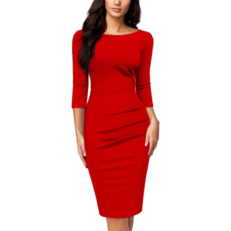 Rochie de damă cu decolteu în V, mâneci lungi, talie înaltă, lungime midi, poliester