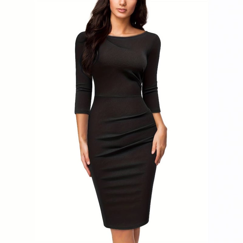 Rochie de damă cu decolteu în V, mâneci lungi, talie înaltă, lungime midi, poliester