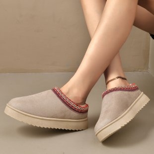 Žieminiai moteriški slip-on bateliai su dirbtiniu pūkų viršutiniu, pūkuota vidinė danga, apvali nosis, stora gumos pada