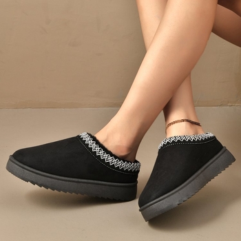 Žieminiai moteriški slip-on bateliai su dirbtiniu pūkų viršutiniu, pūkuota vidinė danga, apvali nosis, stora gumos pada