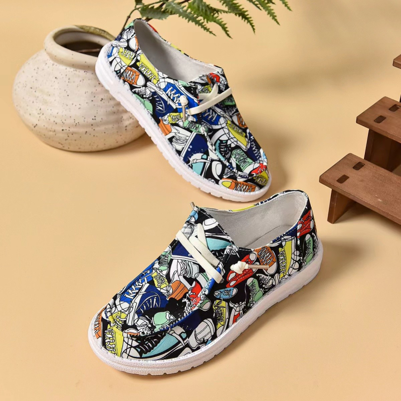 Detské plátenné tenisky bez šnúrok, nízky vrch, horná časť z plátna, gumová podrážka, potlač