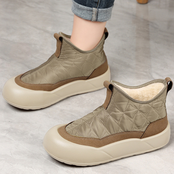 Cizme de zăpadă pentru femei - vârf rotund, toc plat, material din bumbac, fermoar lateral, căptușeală din blană artificială