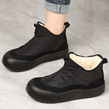 Cizme de zăpadă pentru femei - vârf rotund, toc plat, material din bumbac, fermoar lateral, căptușeală din blană artificială
