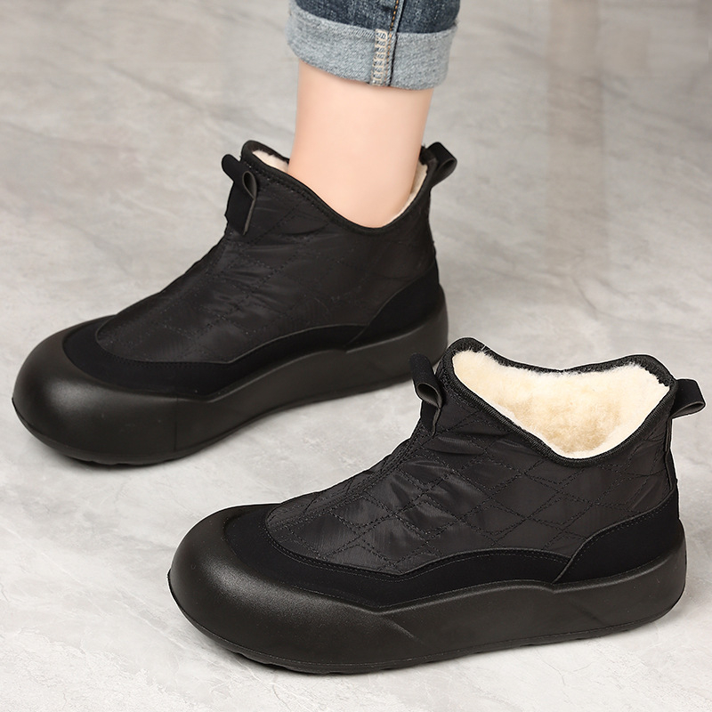 Cizme de zăpadă pentru femei - vârf rotund, toc plat, material din bumbac, fermoar lateral, căptușeală din blană artificială