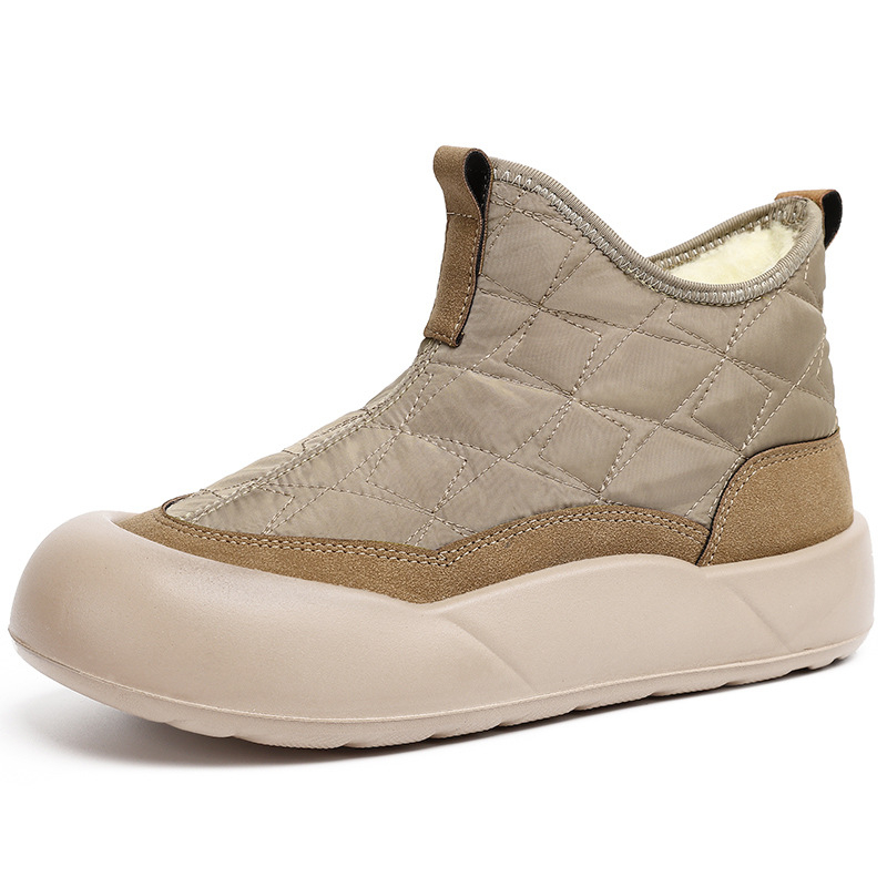 Cizme de zăpadă pentru femei - vârf rotund, toc plat, material din bumbac, fermoar lateral, căptușeală din blană artificială
