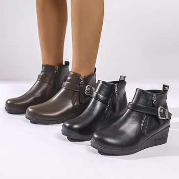 Botine femei Martin cu vârf rotund, toc înclinat, fermoar pe lateral, gleznă joasă, PU partea superioară