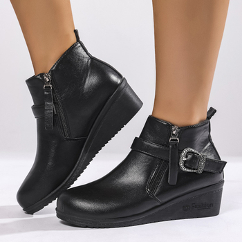 Botine femei Martin cu vârf rotund, toc înclinat, fermoar pe lateral, gleznă joasă, PU partea superioară