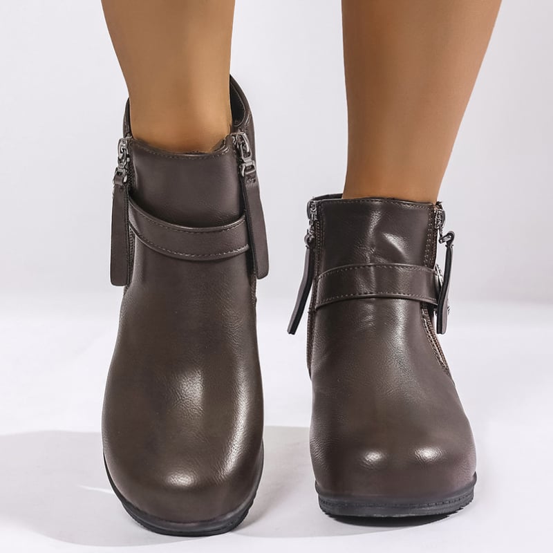 Botine femei Martin cu vârf rotund, toc înclinat, fermoar pe lateral, gleznă joasă, PU partea superioară