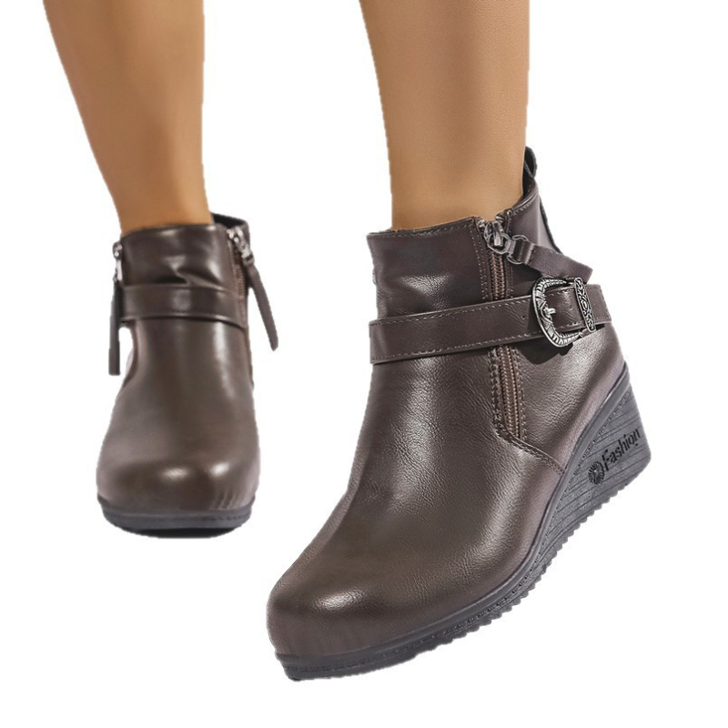 Botine femei Martin cu vârf rotund, toc înclinat, fermoar pe lateral, gleznă joasă, PU partea superioară