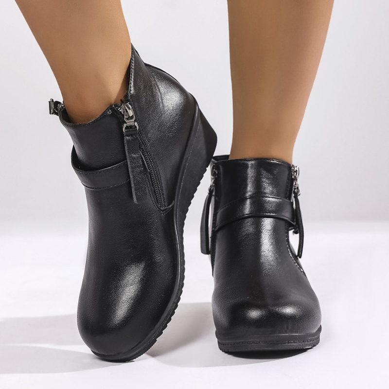 Botine femei Martin cu vârf rotund, toc înclinat, fermoar pe lateral, gleznă joasă, PU partea superioară