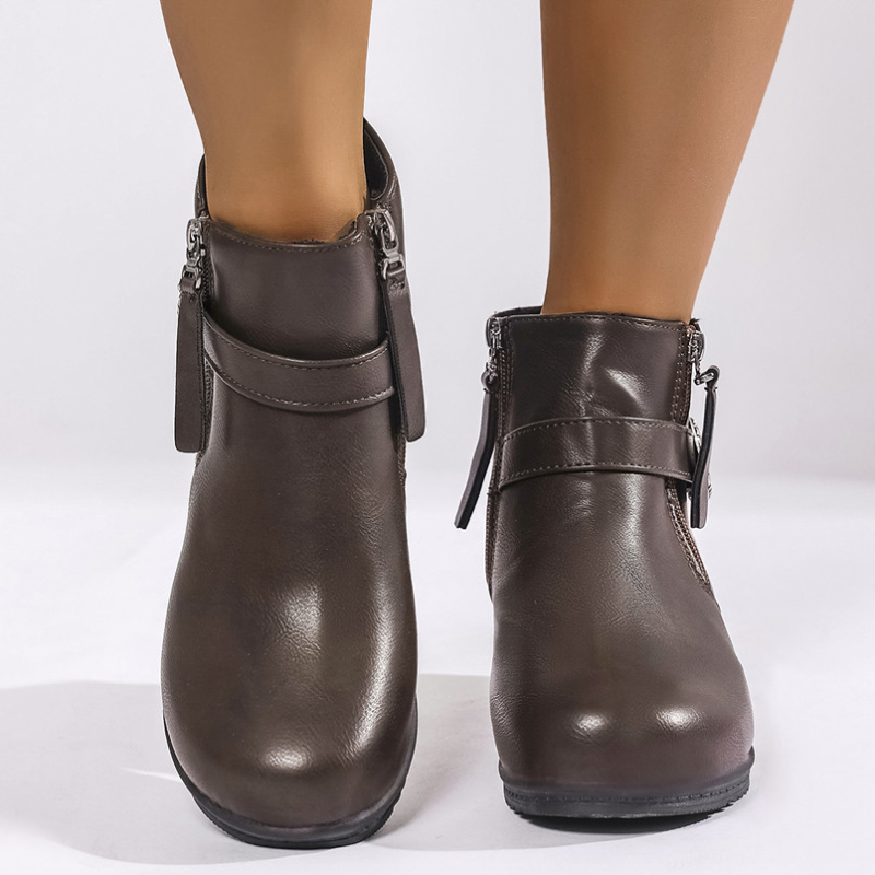 Botine femei Martin cu vârf rotund, toc înclinat, fermoar pe lateral, gleznă joasă, PU partea superioară