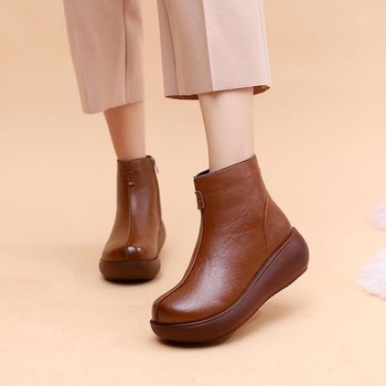 Botine pentru gleznă moderne, talpă groasă, piele PU, căptușeală fleece, stil retro etnic, închidere pe fermoar lateral