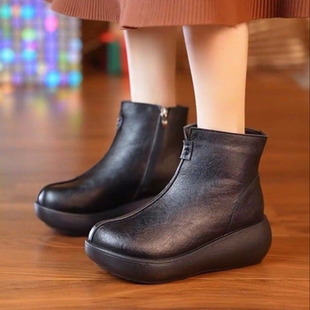 Botine pentru gleznă moderne, talpă groasă, piele PU, căptușeală fleece, stil retro etnic, închidere pe fermoar lateral