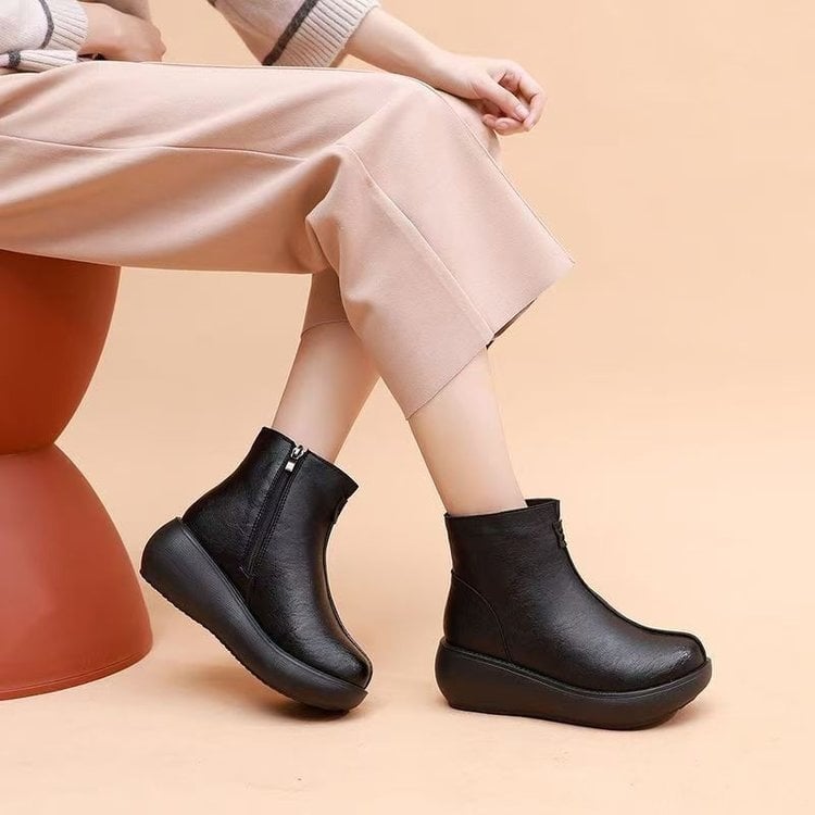 Botine pentru gleznă moderne, talpă groasă, piele PU, căptușeală fleece, stil retro etnic, închidere pe fermoar lateral