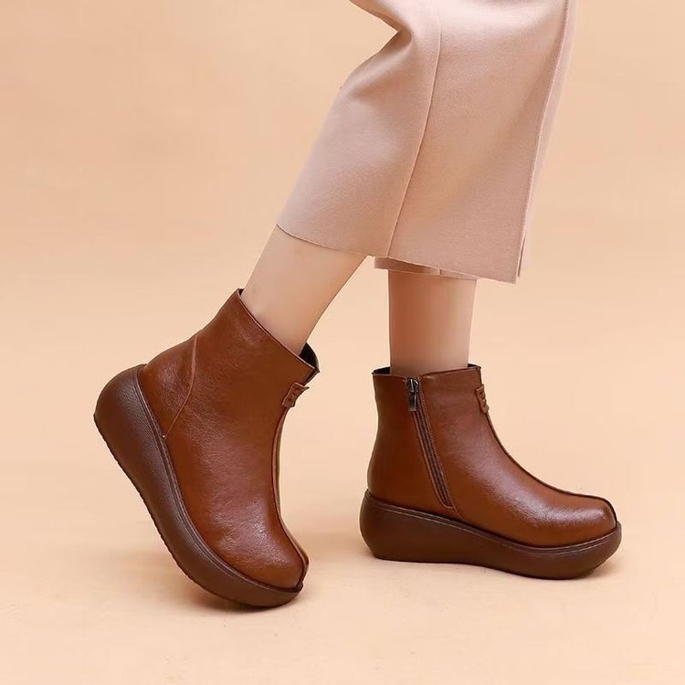 Botine pentru gleznă moderne, talpă groasă, piele PU, căptușeală fleece, stil retro etnic, închidere pe fermoar lateral