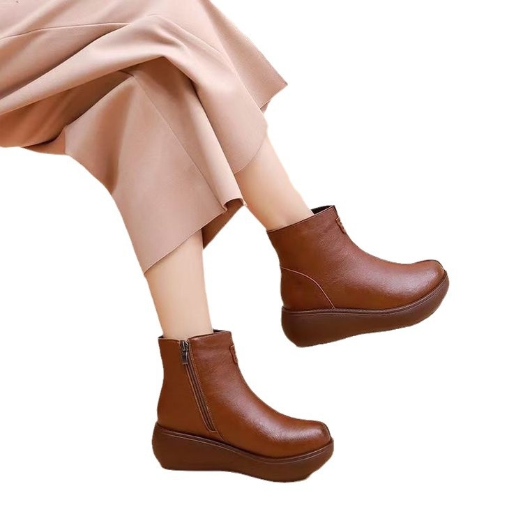 Botine pentru gleznă moderne, talpă groasă, piele PU, căptușeală fleece, stil retro etnic, închidere pe fermoar lateral