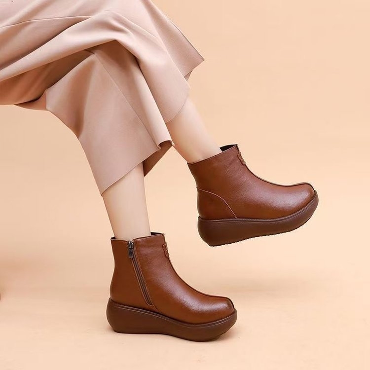 Botine pentru gleznă moderne, talpă groasă, piele PU, căptușeală fleece, stil retro etnic, închidere pe fermoar lateral