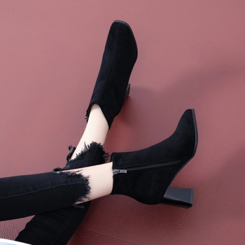 Ghete scurte din velur pentru femei, toc gros 3–5 cm, gamă joasă, vârf rotund, fermoar lateral