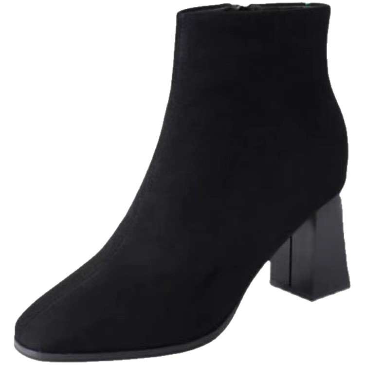 Ghete scurte din velur pentru femei, toc gros 3–5 cm, gamă joasă, vârf rotund, fermoar lateral