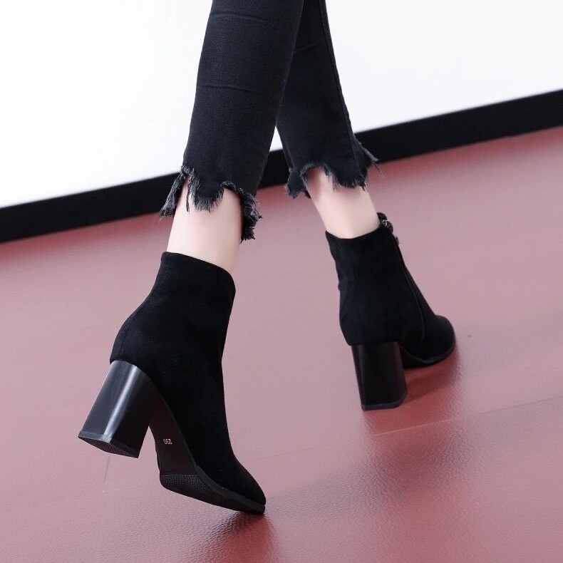 Ghete scurte din velur pentru femei, toc gros 3–5 cm, gamă joasă, vârf rotund, fermoar lateral