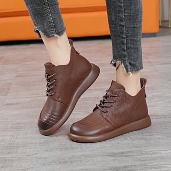 Ghete scurte de damă din piele top layer, cu șireturi, vârf rotund, talpă din cauciuc, toc mic în formă de pană