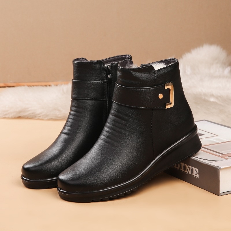 Ghete de iarnă pentru femei în vârstă — exterior din piele sintetică, căptușeală din piele imitativă, fermoar lateral, glezna joasă, talpă plată