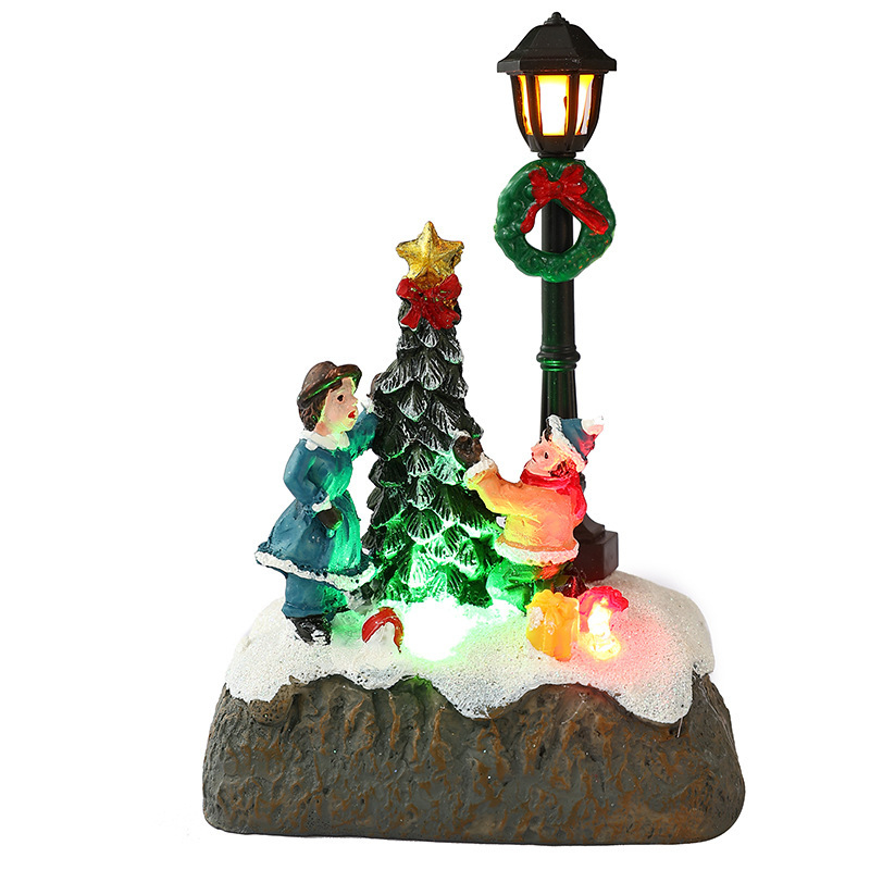 Casă mică de Crăciun din rășină, cu om de zăpadă luminos – ornament modern minimalist pentru birou