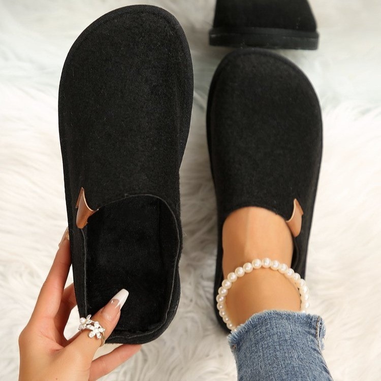 Papuci de casă cu vârf închis, din catifea la exterior, căptușeală din blană artificială, talpă din cauciuc, slip-on, mărime mare